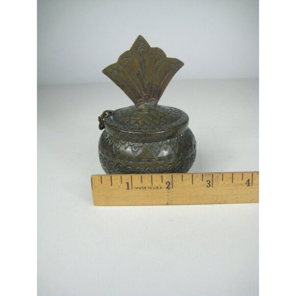 Vintage Brass Ornate Hinged Lidded Container Fan Handle Geometric Pattern - Picture 3 of 10